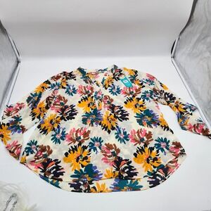 The Pioneer Woman Abstract Floral Cream Pleated Ruffle Sleeve Blouse 2X